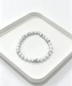 1pc 6mm Natural Howlite Beaded Bracelet, Handmade White Gemstone Stretch Bangle for Women Men, Healing Crystal Jewelry
