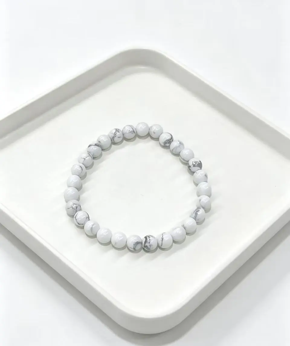 6mm Natural Howlite Beaded Bracelet, Unisex White Marble Gemstone Jewelry, Handmade Inspirational Stretch Bangle for Everyday Wear, Inspirational Beaded Bracelet, Beautiful Bracelets