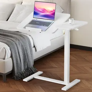 Adjustable Overbed Table with Wheels, Mobile Rolling Laptop Desk, Tilting Bedside Table for Laptop, Bed, Sofa, and Office Use, White