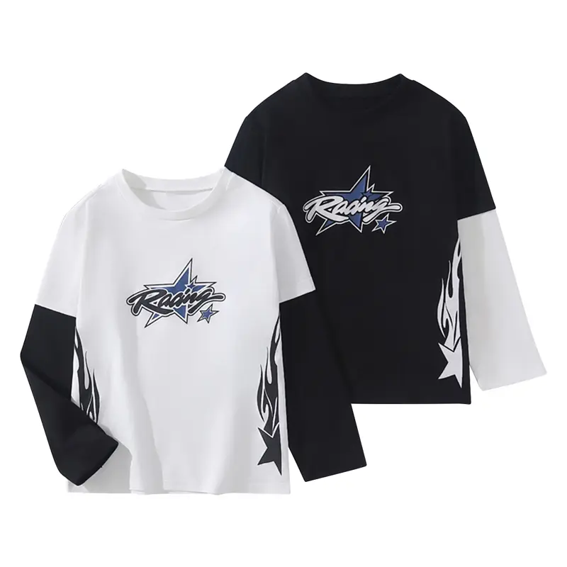Boys' 2-Piece American Street Style Faux Layer Long-Sleeve Sweatshirt Set, Black & White Color Blocking, Side Flame & Star Graffiti Prints, Soft Breathable Loose Casual Schoolwear Base Layer Tops