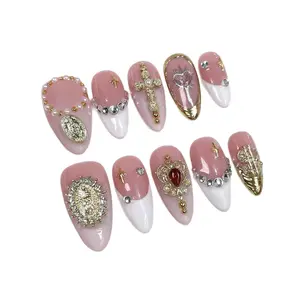 Hailey's almond shape pink royal french tips luxury acrylic handmade press on nails