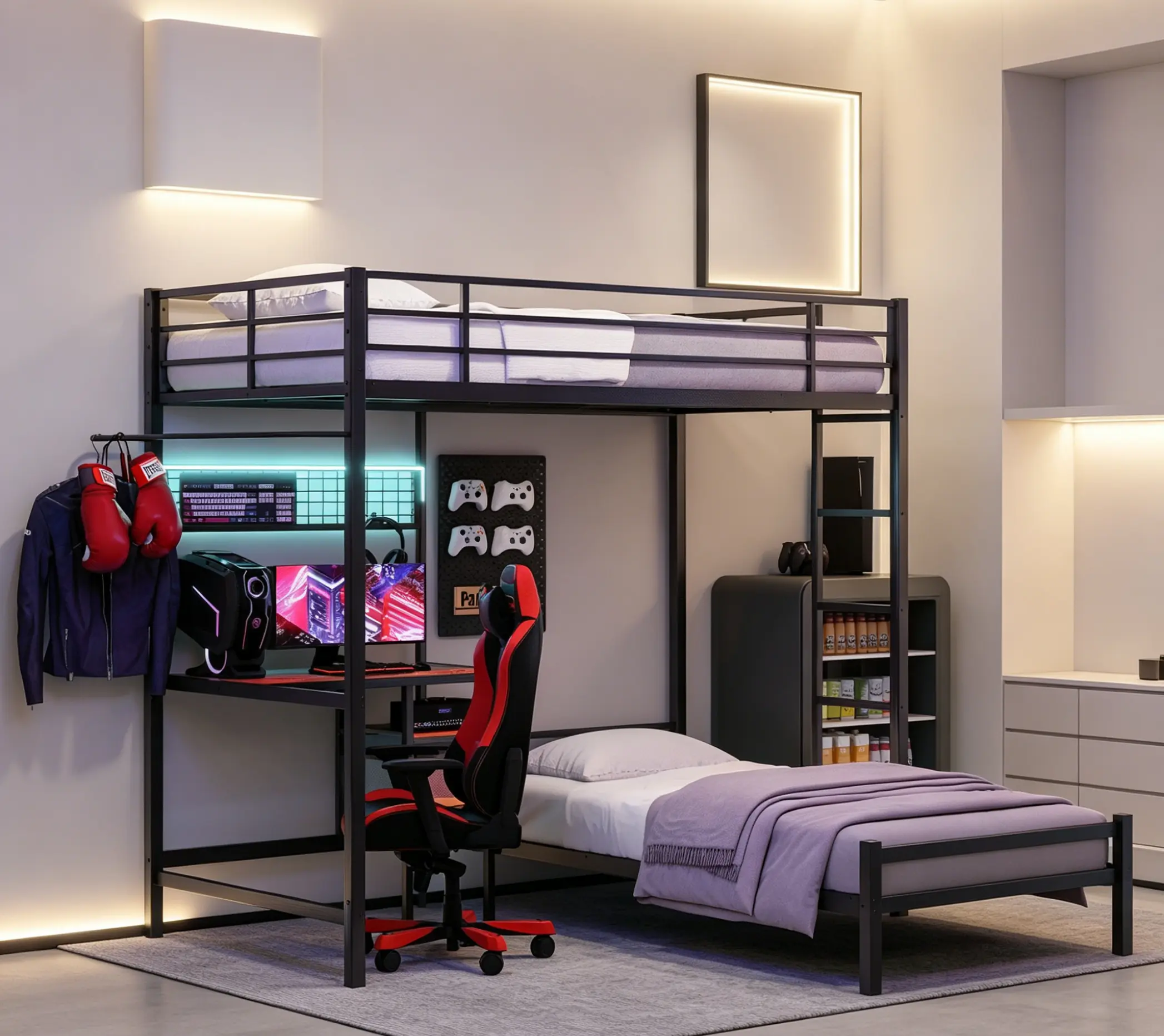 Twin Over Twin L-Shaped Metal Bunk Bed, Featuring Built-In Desk & Storage Compartments for Bedroom Indoor Furniture