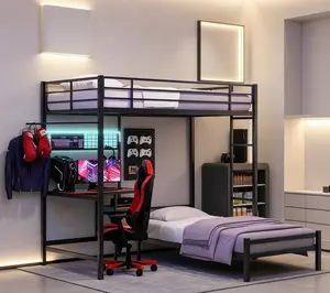 Twin Over Twin L-Shaped Metal Bunk Bed, Featuring Built-In Desk & Storage Compartments for Bedroom Indoor Furniture