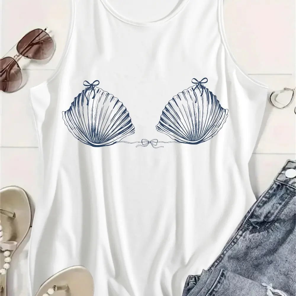 Women's Sleeveless Seashell Print Tank Top - Cute Beach Vibe, Minimalist Design, Soft Breathable Fabric, Casual Bikini Cover-Up Clothes summerwins,summerwins