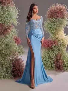 Women's Sequin Long-sleeved Mermaid Maxi Dress, Elegant and Luxurious Style Formal Wear Womenswear Party Evening Gown with High Slit and Waist-cinching Design, Suitable for Mature Women, Ideal for Red Carpets, High-end Dinners and Other Occasions