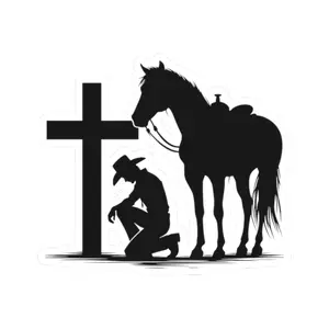 Cowboy and Cross White Indoor Vinyl Sticker - Faith Christian Religion Horse Laptop Mug Bottle