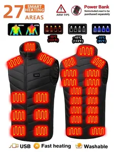 Men's smart heated fleece jacket with 27 heating zones, 3 temperature settings, lightweight sleeveless vest suitable for running, training, hiking, cycling, and everyday winter wear; battery pack not included Menswear Tops Activewear Sports Clothes