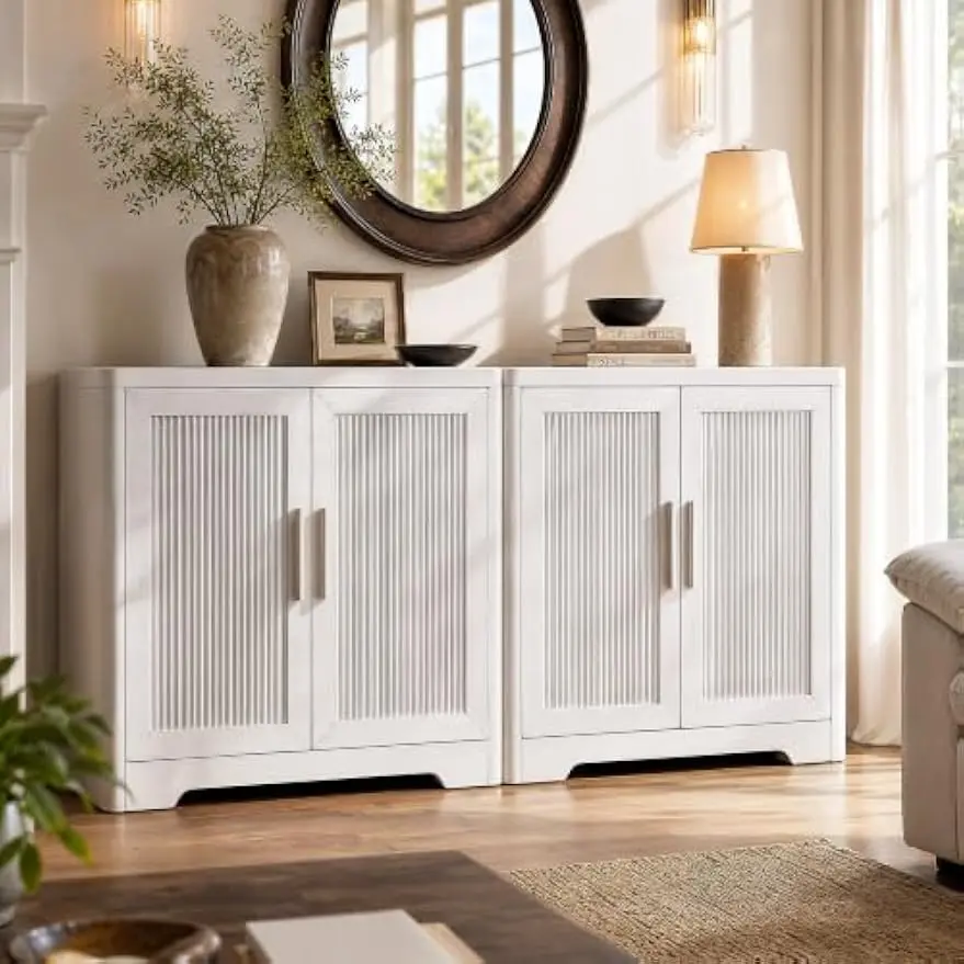 ModernMate Sideboard Buffet Cabinet Set, Reeded Credenza, Whitewashed Oak | Modern Accent Storage Cabinet with Arched Rounded Corner, 2-Door Fluted Sideboard for Living Room, Entryway, Dining Room