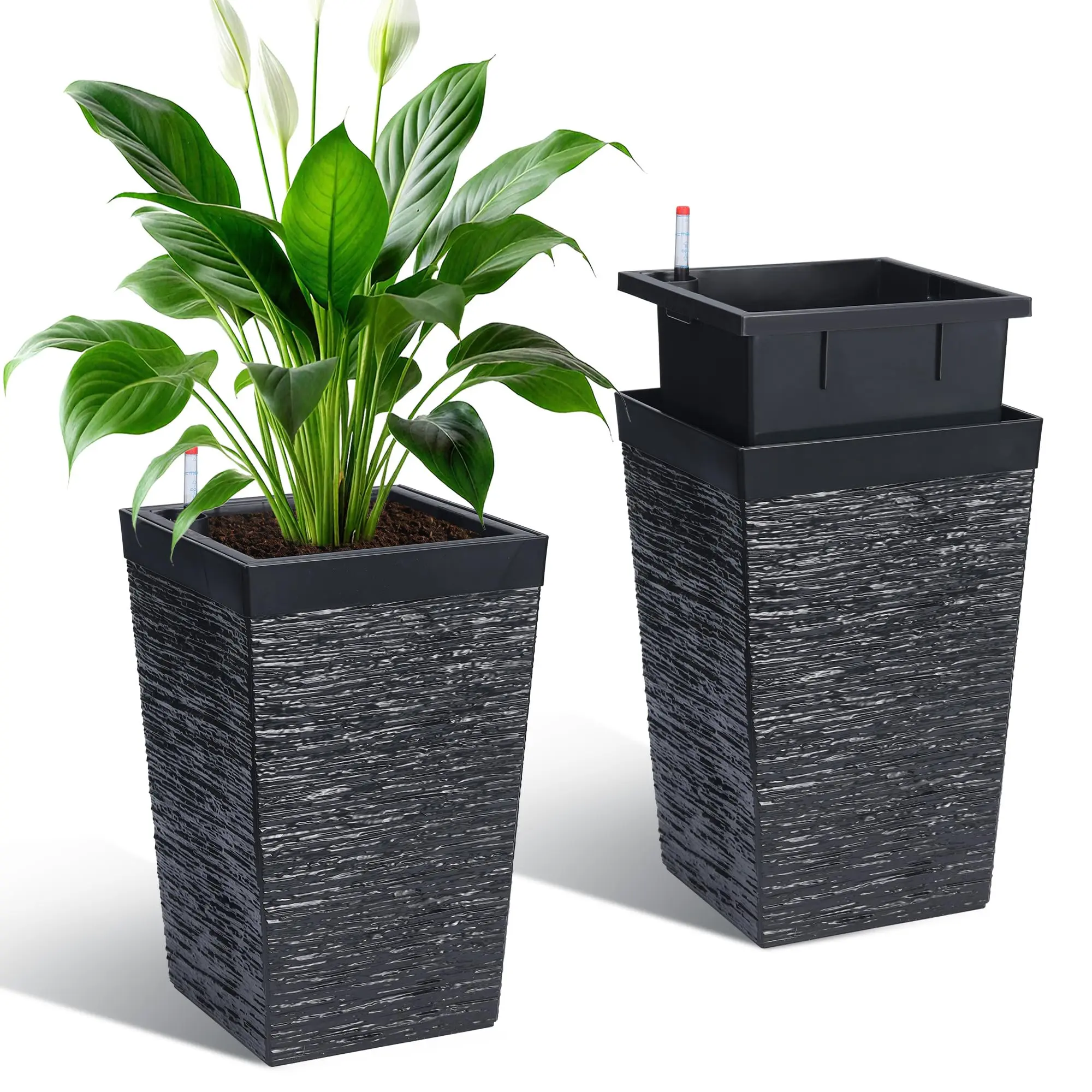 Garvee 16" Tall Planters Set of 2, Self Watering Tall Planters, Outdoor＆Indoor Planter Pots, High Front Porch Planters Pots with Drainage Holes＆Water Level Monitor, Black