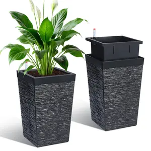 Garvee 15.7 Inch Tall Rectangular Planters Set of 2, Large Modern Plant Pots with Drainage, Water Level Monitor for Outdoor Porch, Patio, Indoor Home Office, Black