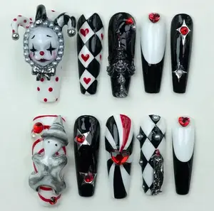 Harlequin Clown Press On Nails, Unique Gothic Clown Nail Art, Gothic Red and Black Nail Design, Perfect for Cosplay or Parties