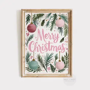 Pink Merry Christmas Wall Art, Coquette Holiday Typography Poster, Room Decor, Unframed
