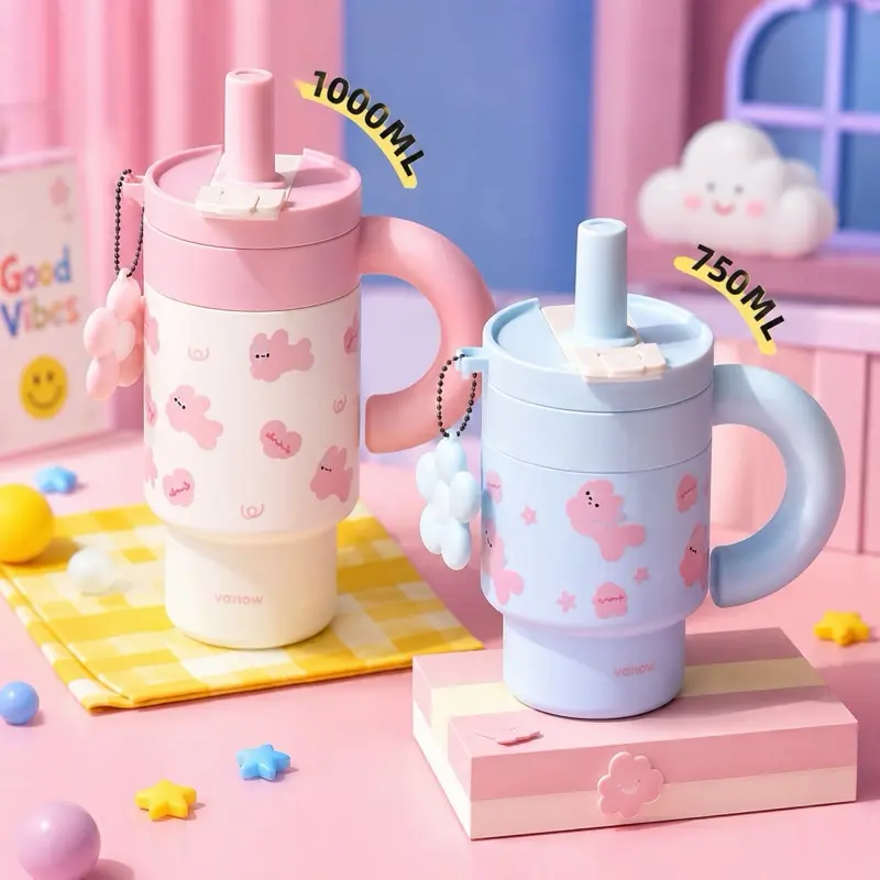 Cartoon Design Non-Toxic Travel-Friendly Kitty Bunny Pattern Water Bottle - 25oz/33oz Portable Washable Reusable Drinkware, Pink Blue Mint Purple Tumbler Cup for Kitchen Use, Non-Toxic Water Bottles, Beverage, Bottled, Insulated Water Bottle With Straw, T