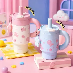 Kitty Bunny Pattern Water Bottle - 25oz/33oz, Portable Tumbler Cup, Mug Washable Drinkware Pink Blue Mint Purple  Reusable Bottled Beverage