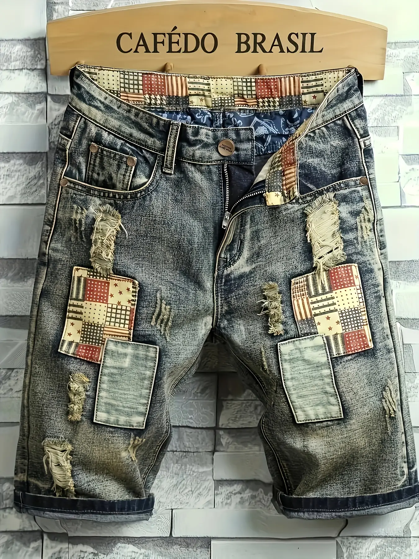 Men Vintage Acid Wash Patchwork Ripped Denim Jorts, Multi Plaid Flag Cloth Patch Frayed Distressed Baggy Knee Length Jean Shorts Y2K Grunge Hip Hop Skate Streetwear Patchwork Bottoms