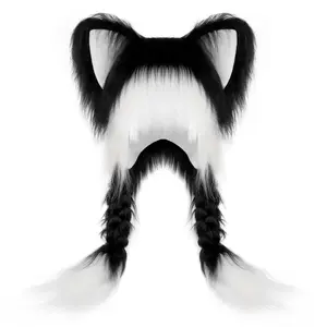 Christmas Gift Idea – Soft Furry Animal Ear Hat with Braids for Cosplay & Winter Party Looks Masks Whitepink
