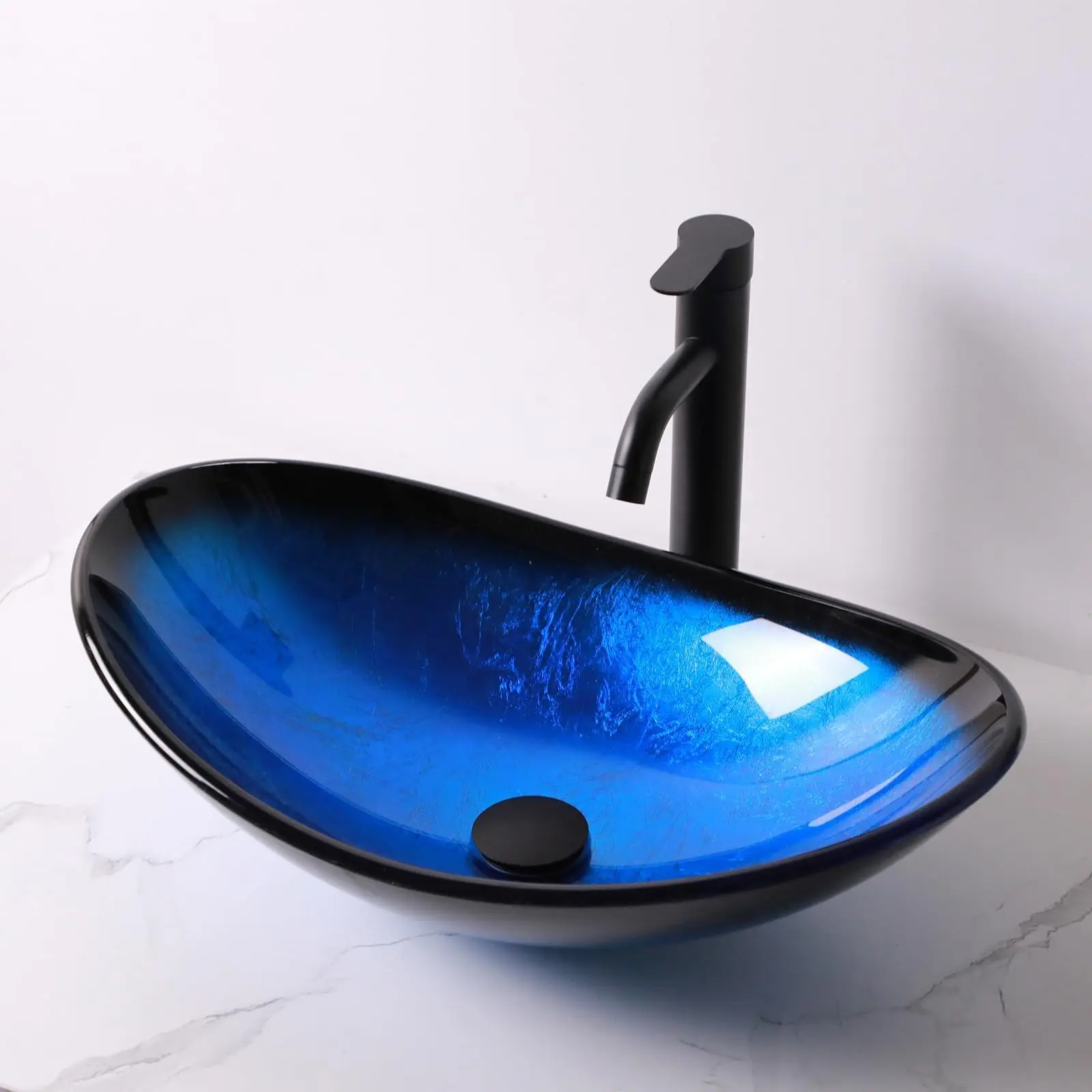 Lordear Glass Vessel Sink Bathroom Sink 21'' Artistic Boat Shaped Black Blue Tempered Vessel Sink with Black Faucet Pop Up Drain Above Counter Glass Vessel Sink for Bathroom