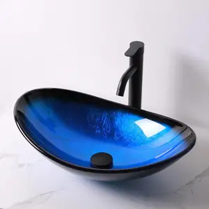 Lordear Glass Vessel Sink Bathroom Sink 21'' Artistic Boat Shaped Black Blue Tempered Vessel Sink with Black Faucet Pop Up Drain Above Counter Glass Vessel Sink for Bathroom