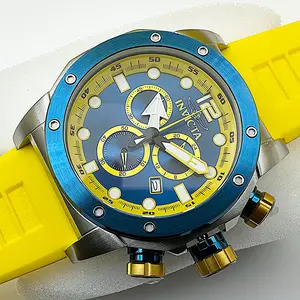 Invicta Sea Hunter 52mm Blue Dial Chronograph Watch with Yellow Polyurethane Strap and Durable Design