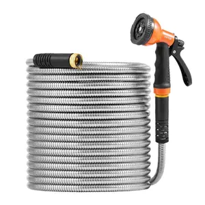 Metal Garden Hose 75 ft, Rust Proof Stainless Steel Water Hose, Heavy Duty Backyard Hose with 10 Function Nozzle, No-Kink Flexible Water Pipe, Lightweight Metal Hose for Yard, Outdoor