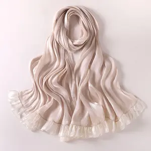 New Arrival Turkey Muslim Women Soft Shimmer Satin Ruffle Hijab Shawl