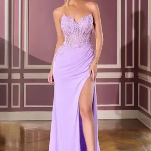 Sweetheart neckline with 3D floral beading & high leg slit