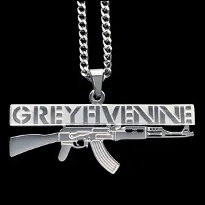 GREYFIVENINE AK-47 Necklace 1.5" Etched & Polished Stainless Steel G59 GREY59 Pendant Hypoallergenic Rust Resistant with Choice of Chain Suicideboys Free Gift Included