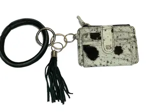 Western Style Cowhide Bangle Keychain Wallet - Genuine Leather Card Holder with 8 Slots & Snap Closure - Elegant & Functional Wristlet for Women