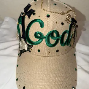 God Trucker Hat - Green & Cream Duo with Bling Details and Bold Style for Expressing Faith and Making a Statement