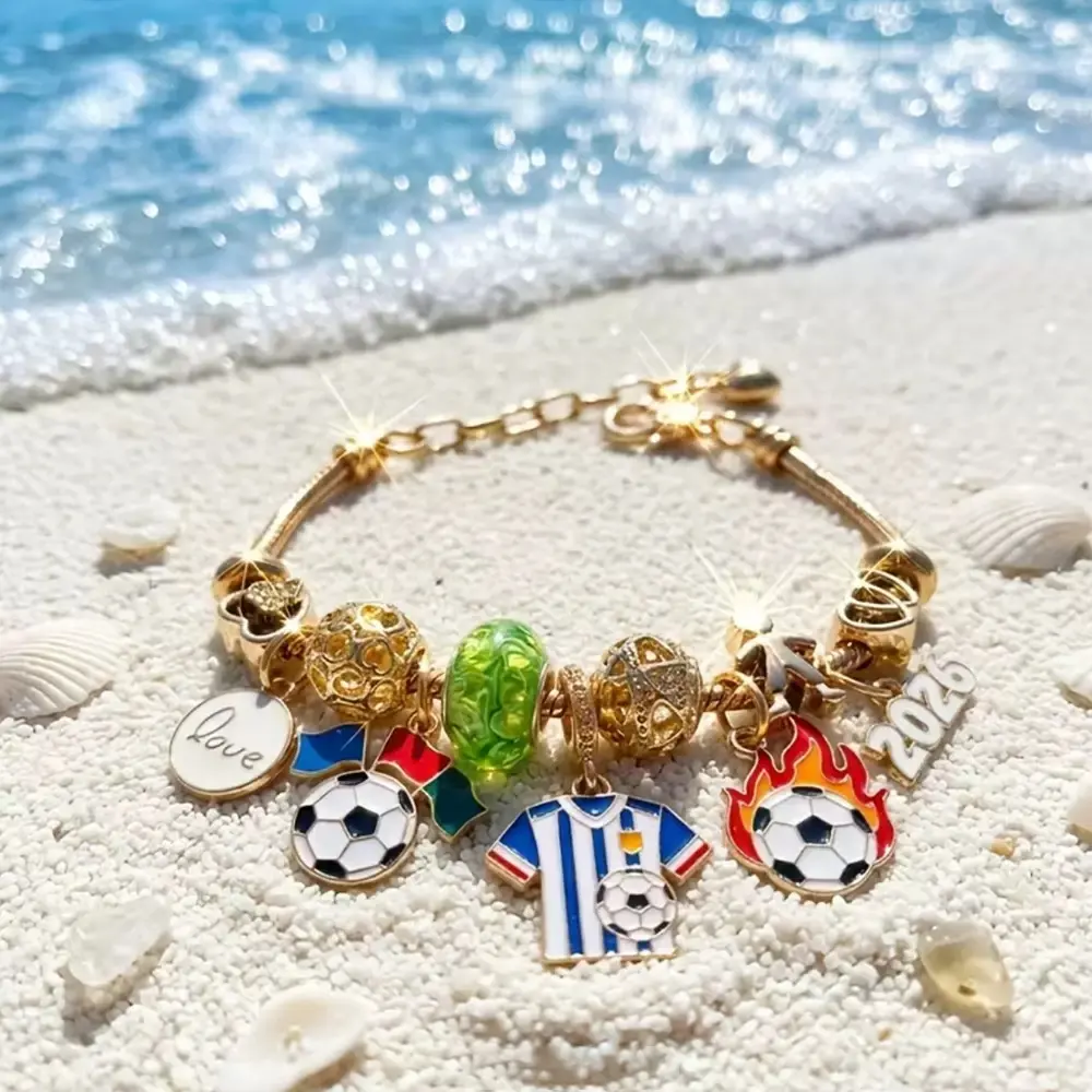 Gold Tone Football Charm Bracelet for Women, Soccer Fan Beaded Bracelet with Jersey, Ball, 2026 Number & Star Charms, Adjustable Sports Jewellery Gift