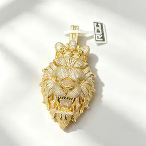 2078  Fully Flooded Roaring Lion Pendant | Sparkling Crown Lion Statement Necklace for Rappers & Trendsetters