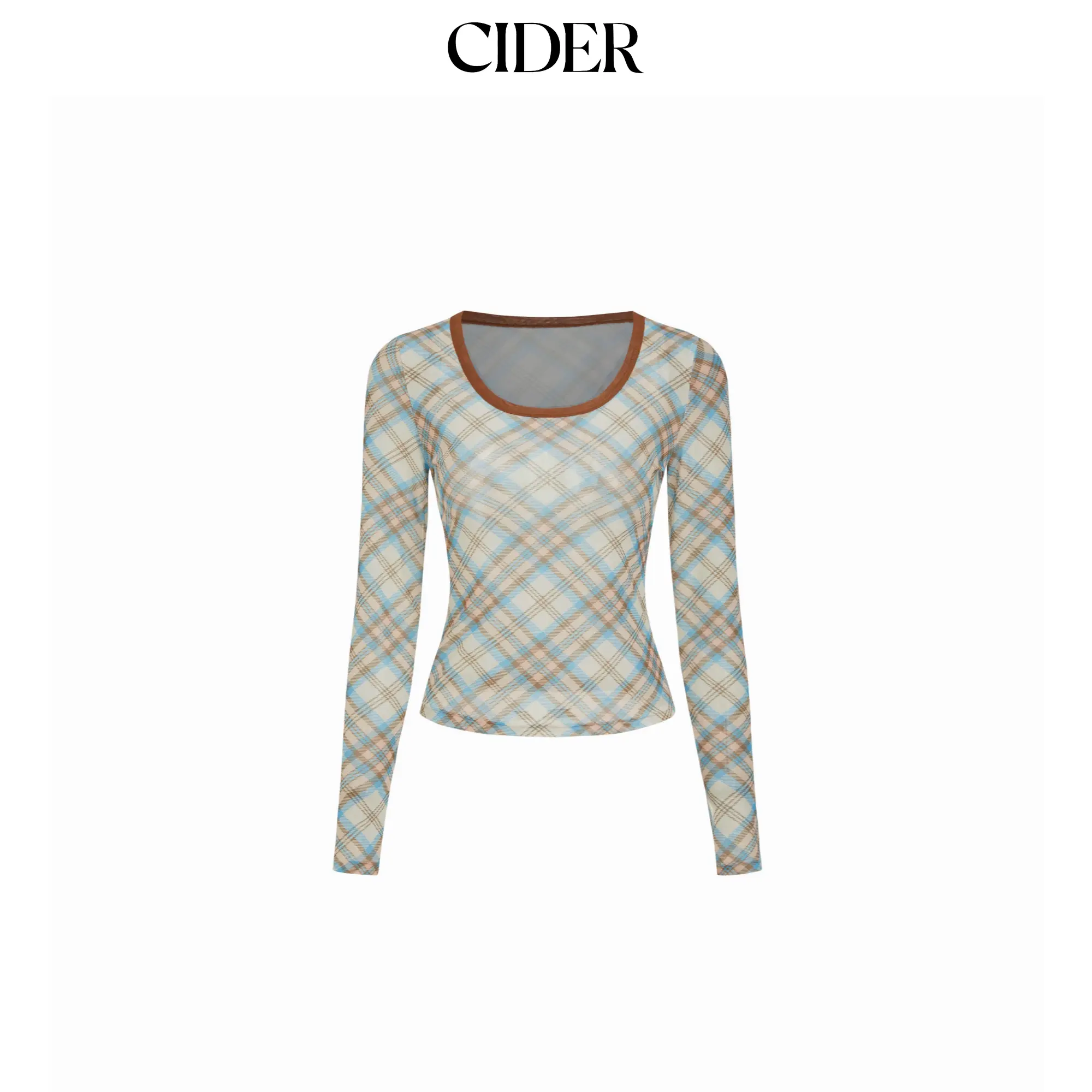 Cider Plaid Scoop Neckline Long Sleeve Contrasting Binding See-through Top