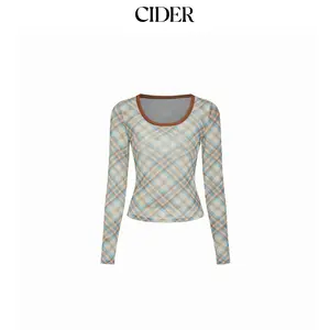 Cider Plaid Scoop Neckline Long Sleeve Contrasting Binding See-through Top