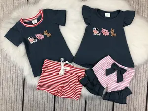 Matching Adorable Farm  Embroidery Short Sleeve Shorts Set Kids Outfits Toddler Clothes