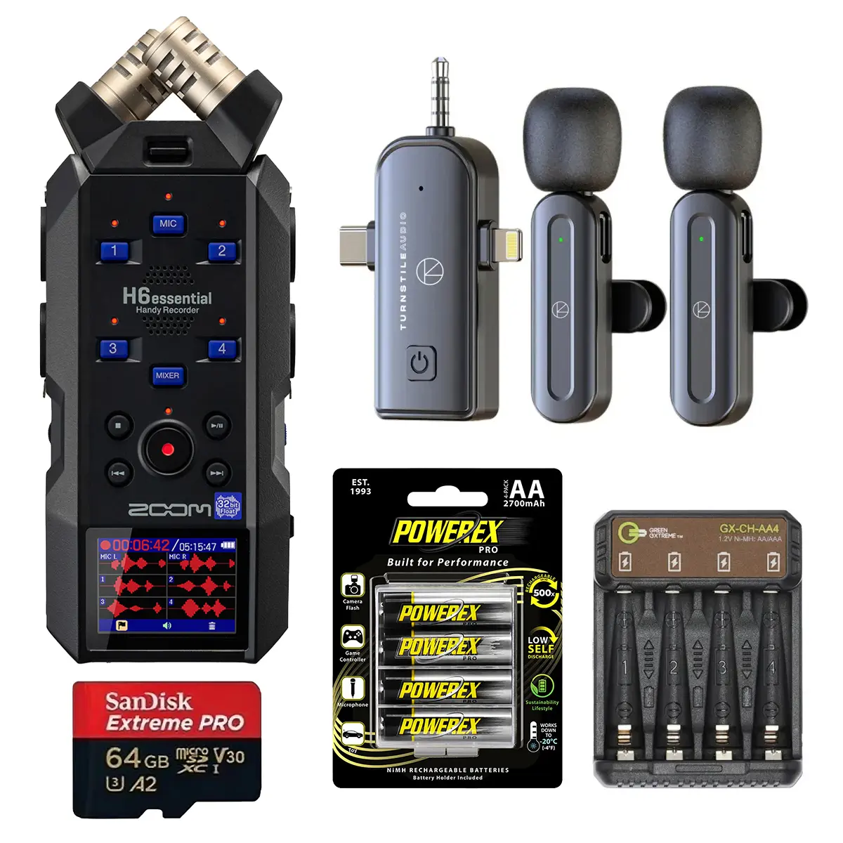 Zoom H6essential 6-Track 32-Bit Float Handy Recorder, Bundle with Lavalier Microphone, 64GB microSDXC Memory Card, 4x AA NiMH Batteries, Charger