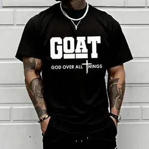 GOAT (God Over All) graphic T-shirt for men, 100%25 pure cotton, loose street-style short sleeves—trendy Christian casual top, best-selling faith urban fashion style., Shortsleeve, Menswear, Tshirt, Round Neck