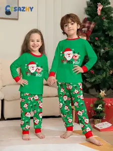 Two-Piece Christmas Pajama Set for Kids, Cute Reindeer & Santa Print, Fitted Long Sleeve Sleepwear, All Seasons Comfortable Home Clothes, Pajamas Christmas