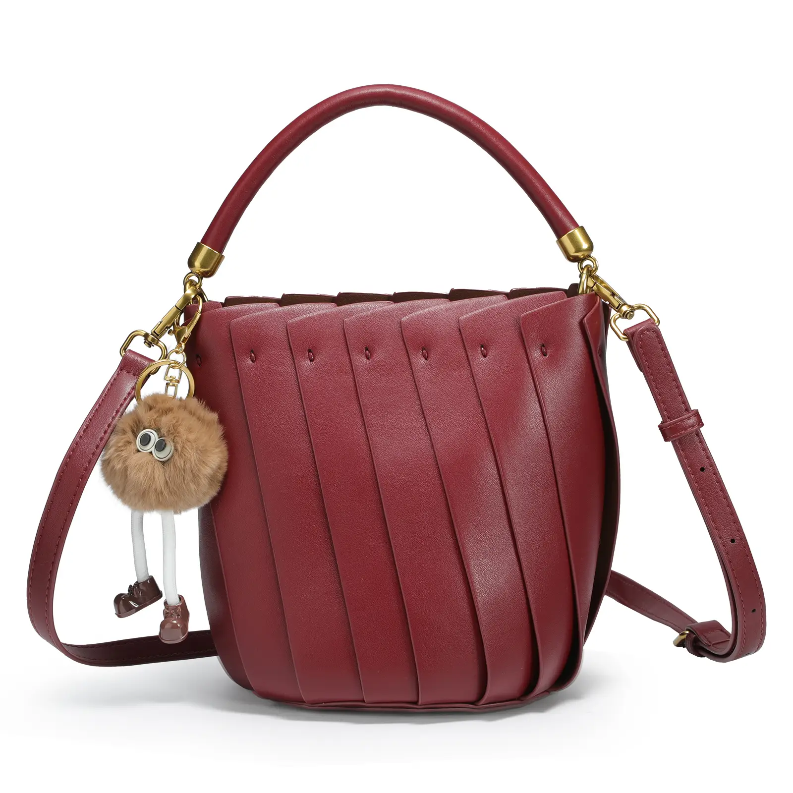 CKSO Burgundy Leather Bucket Bag: Premium Handbag with Top Handle & Adjustable Crossbody Strap - Cute Pom-Pom Charm Decor, Stylish for Daily, Dating,
