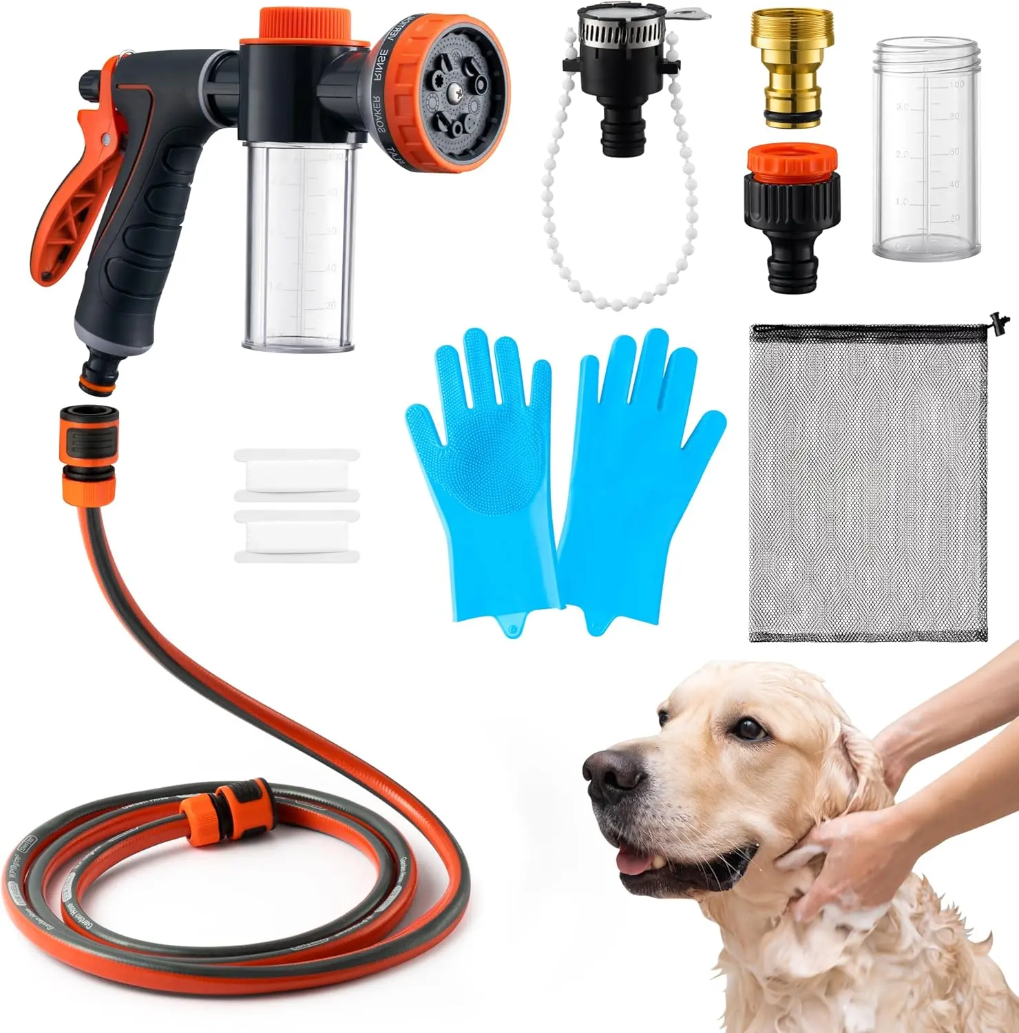 Dog Washing Hose Attachment Complete Grooming Set (1 Kit) with Pet Grooming Glove, Soap Dispenser, Multi-Spray Modes Foam Nozzle Sprayer & Ft-Length Pup Washer Hose for Pet Shower, Car Wash (Showerheads & Sprayers), Complete Kit