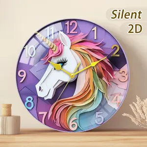 Minimalist Modern Glass Wood Wall Clock, Unicorn Head with Rainbow Mane and Blue Eyes, Battery Driven, Home Decor Gift