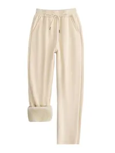 Women's Casual Straight Leg Fit Fleece Lined Drawstring Pants Bottoms, Thickened Long Trousers for Fall & Winter, Daily Wear Fashion Sweatpants Knit