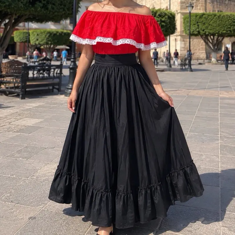 2 piece set Folklore Mexican Solid  skirt and blouse Womenswear day of the dead