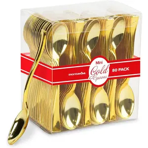 Gold Plastic Mini Spoons Disposable, 4 inch (80 Pack) Tasting Spoon, Dessert Mini spoon For Ice Cream Taster, Small Sample Desserts, Gelato Sampling, Fancy Miniature Pudding, Little Appetizers, Bulk