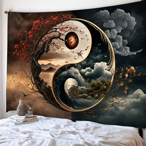 A traditional Yin and Yang Tai Chi Tapestry - Chinese decorative wall decoration with a fantasy theme, suitable for general decoration - polyurethane fabric art mural, suitable for home, office non-feather decorative tapestry Wall Tapestries