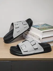 Men's Adjustable Buckle Slide Sandals, Suede Upper Casual Flat Slippers, Non-Slip Rubber Sole, Ideal for Indoor, Outdoor, Beach, Summer