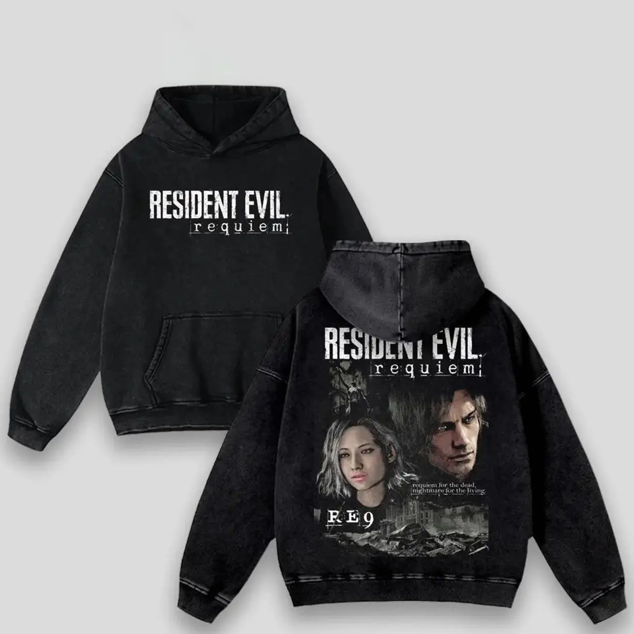 Resident Evil Re9 Remake Hoodie & T-Shirt Leon & Grace Ashcroft, Vintage Acid Wash Apparel, Survival Horror Game Merch, Gold Poster Pullover, Unisex Cotton Top YXI