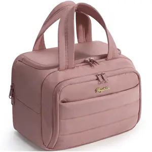 Bagstellar Wide-open Travel Bag, Lightweight Puffy Toiletry Bag for Women, Quilted Makeup Bag Organizer Water-resistant Cosmetic Bag with Handle for Toiletries, Essentials, Accessories