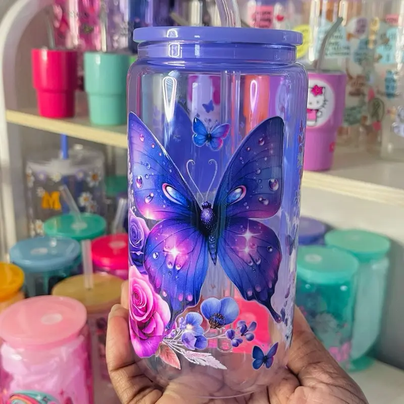 Purple Butterfly Glass Cup 16oz - Vibrant Butterfly Design, Ideal for Drinkware Use