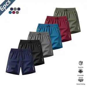 Men’s quick-dry lightweight breathable shorts, 6-pack, casual athletic style, wrinkle-resistant polyester blend fabric, solid color with reflective lightning stripe accents, suitable for running, basketball, and fitness training. SpringStatements