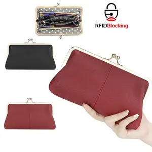 Chic RFID Kiss Lock Clutch-Solid Color Multi-card Slots Card Holder, Genuine Leather Clutch Purses for Women